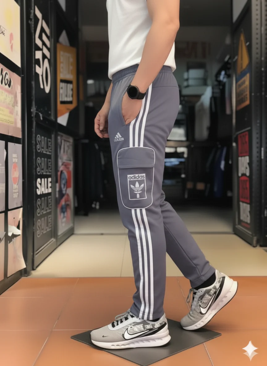 Imported ADDS Gray Three Tapes Men's 4 way Stretch-able Lycra Oval Pocket Cargo Trousers - Image 2