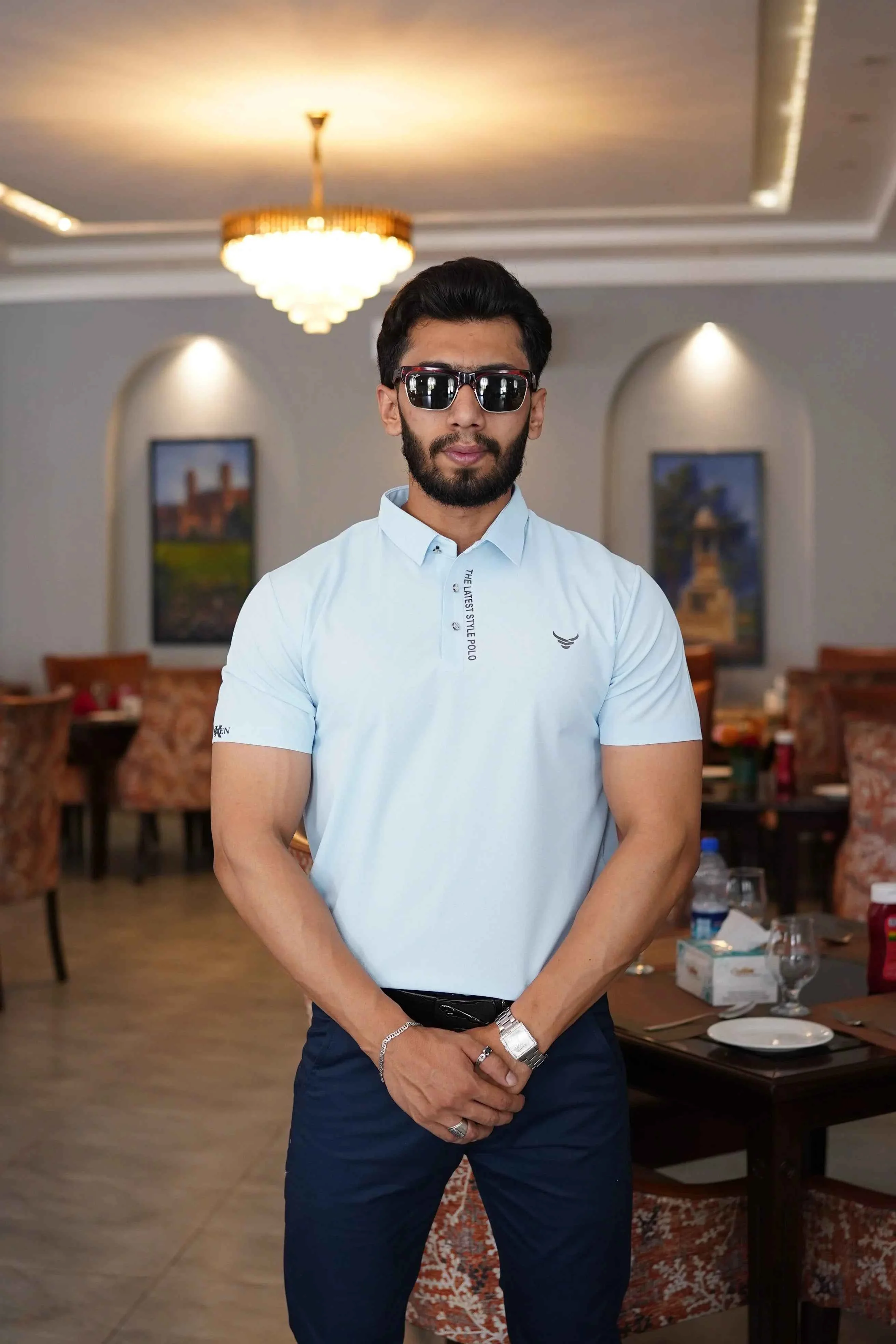 Italian textured seam less Polo Shirts OXT # 12 Sky - Image 7