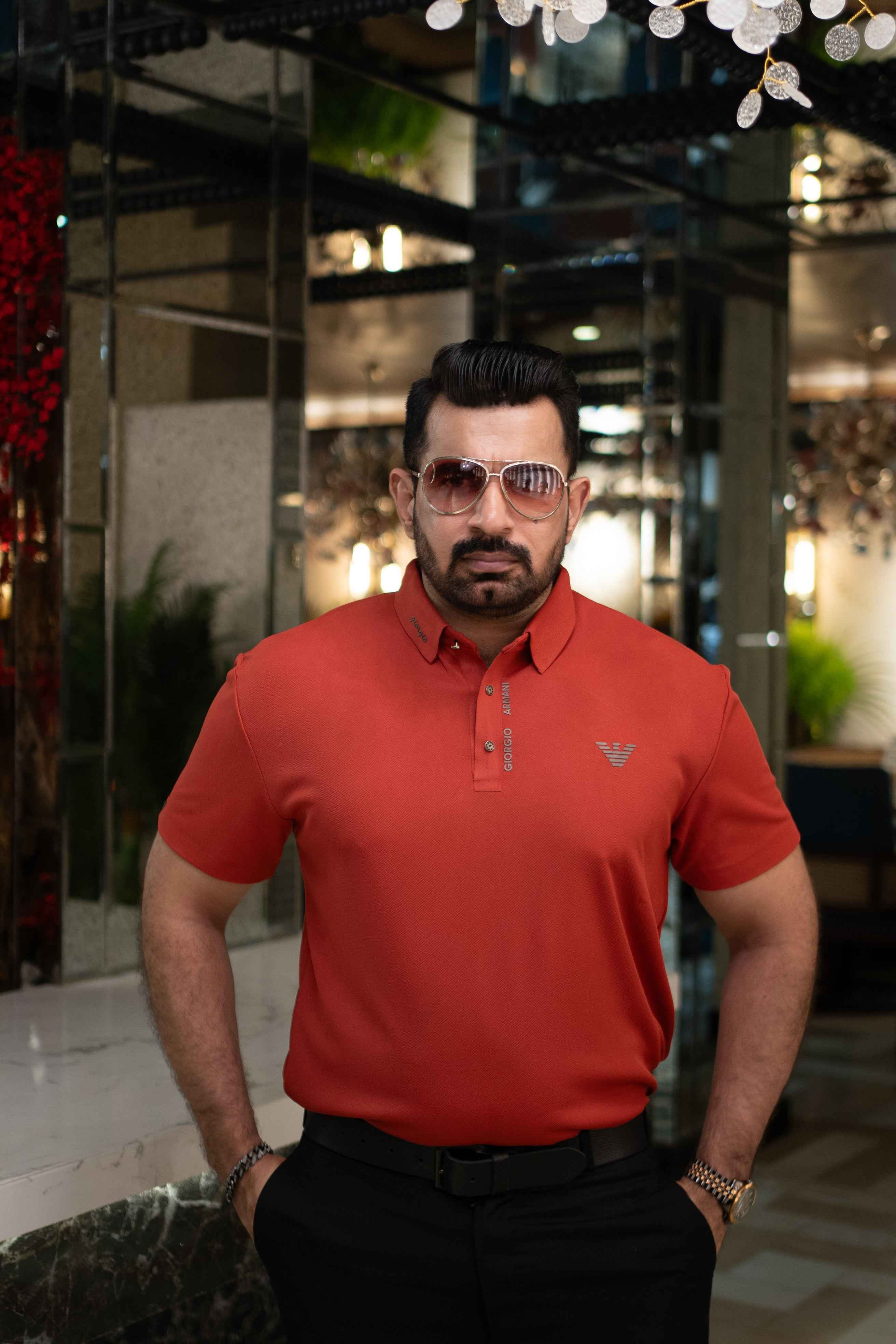 ITALIAN Textured Stitch-less POLO Shirt LVPS-011 CARROT RED - Image 4