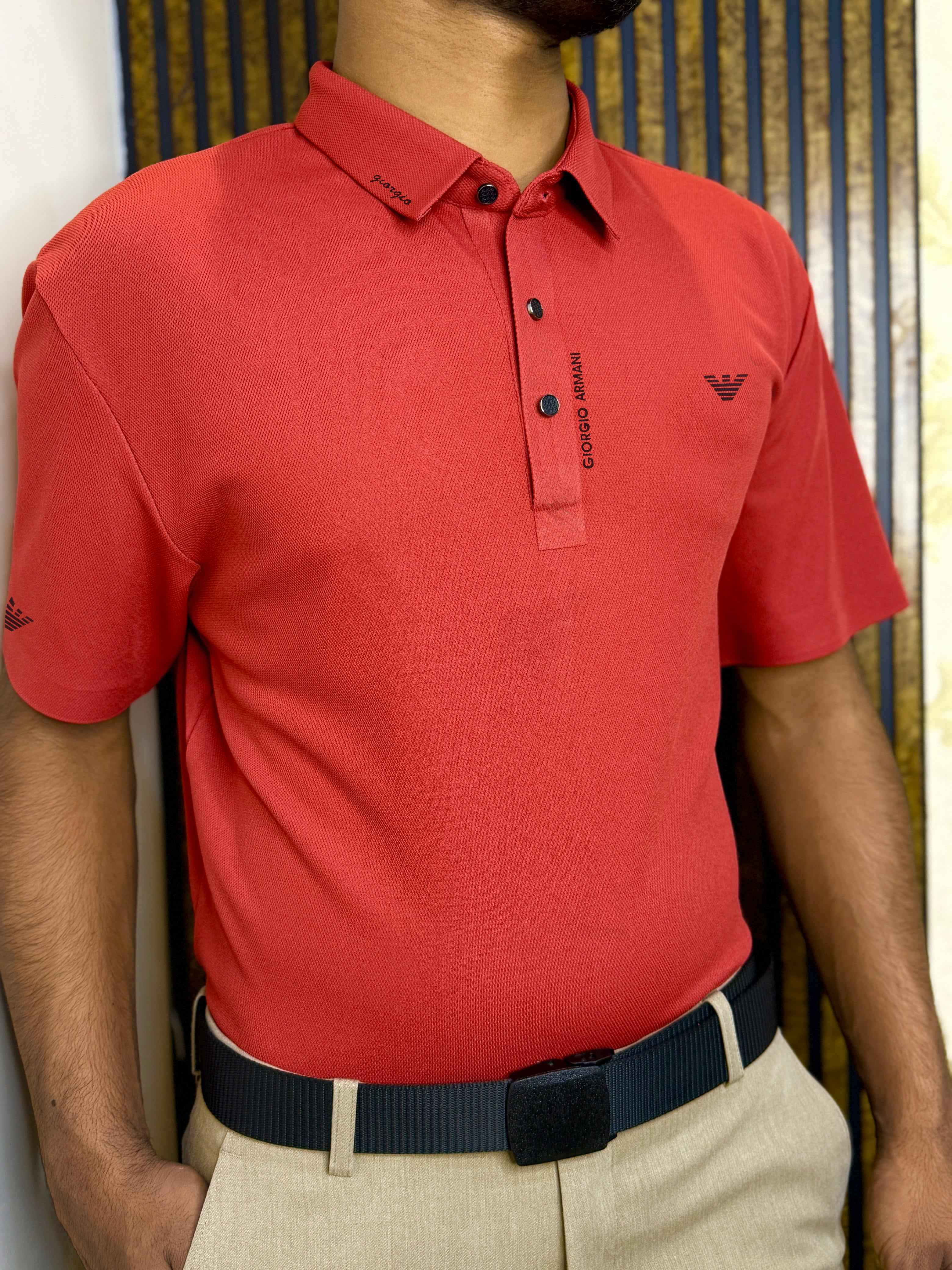 ITALIAN Textured Stitch-less POLO Shirt LVPS-011 CARROT RED - Image 6