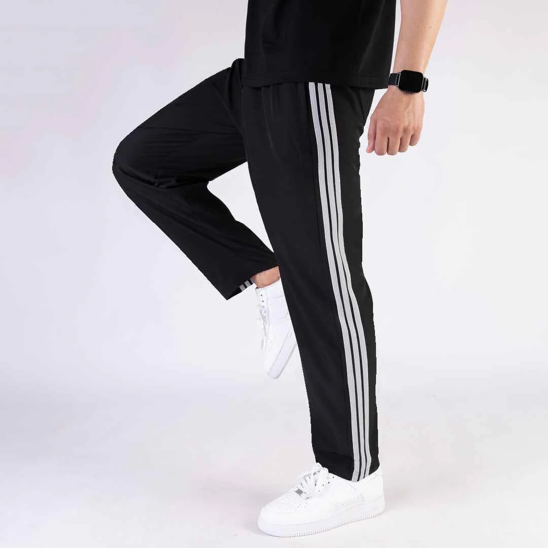Imported Black  Micro Relaxed Fit Trousers with Three Silver Stripes - Image 3