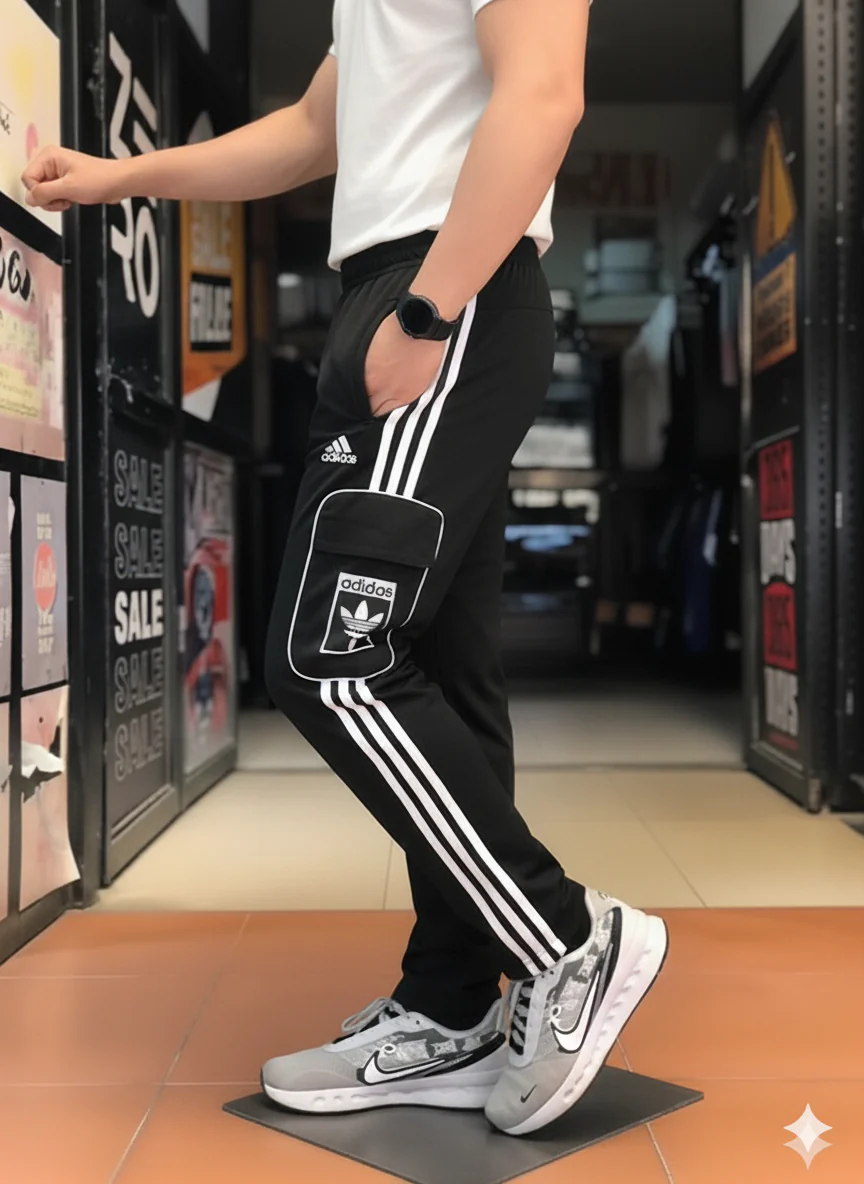 Imported ADDS Black Three Tapes Men's 4 way Stretch-able Lycra Oval Pocket Cargo Trousers
