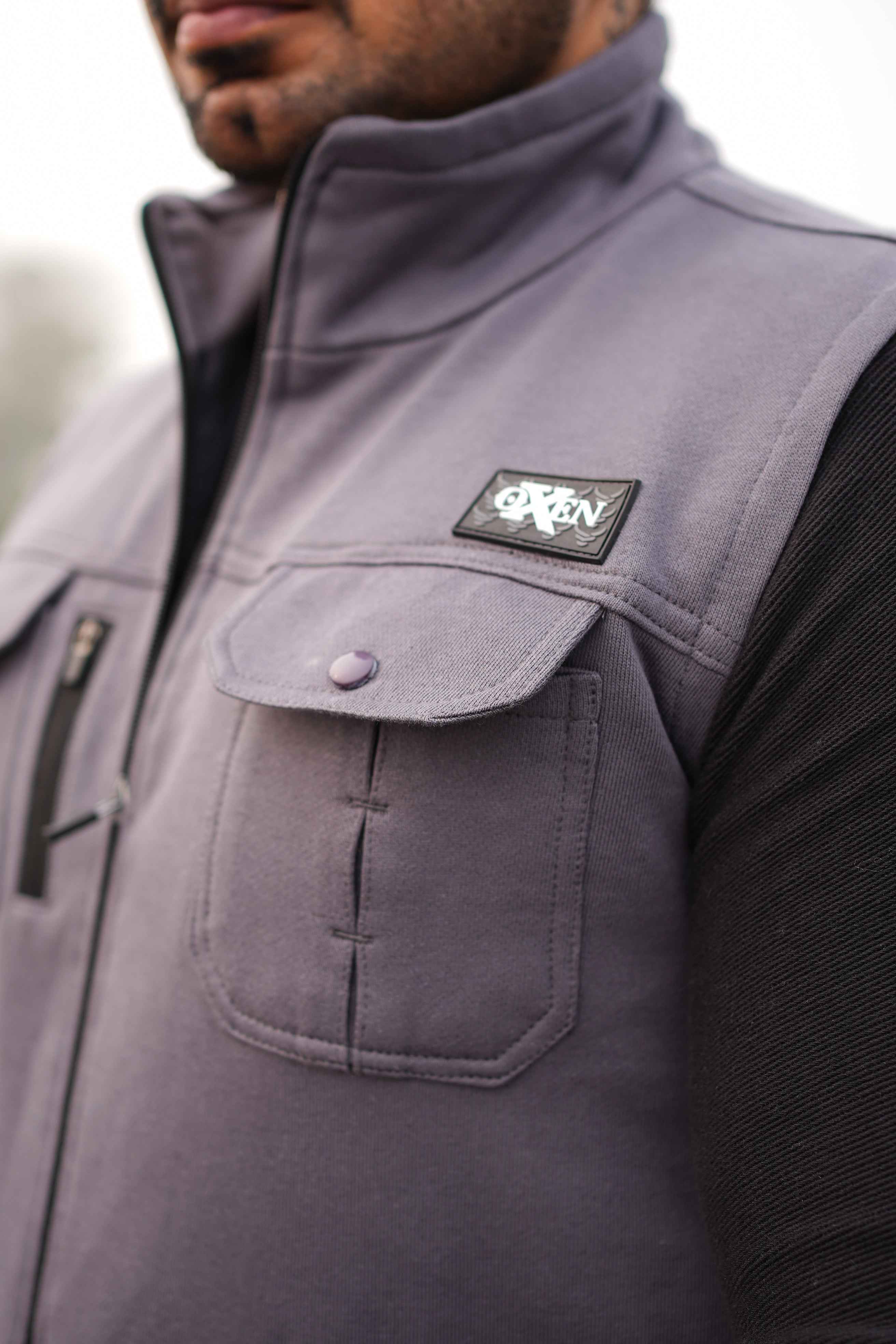Premium Cotton Fleece Four Pocket sleeveless Jacket Grey  Jkt-02 - Image 4