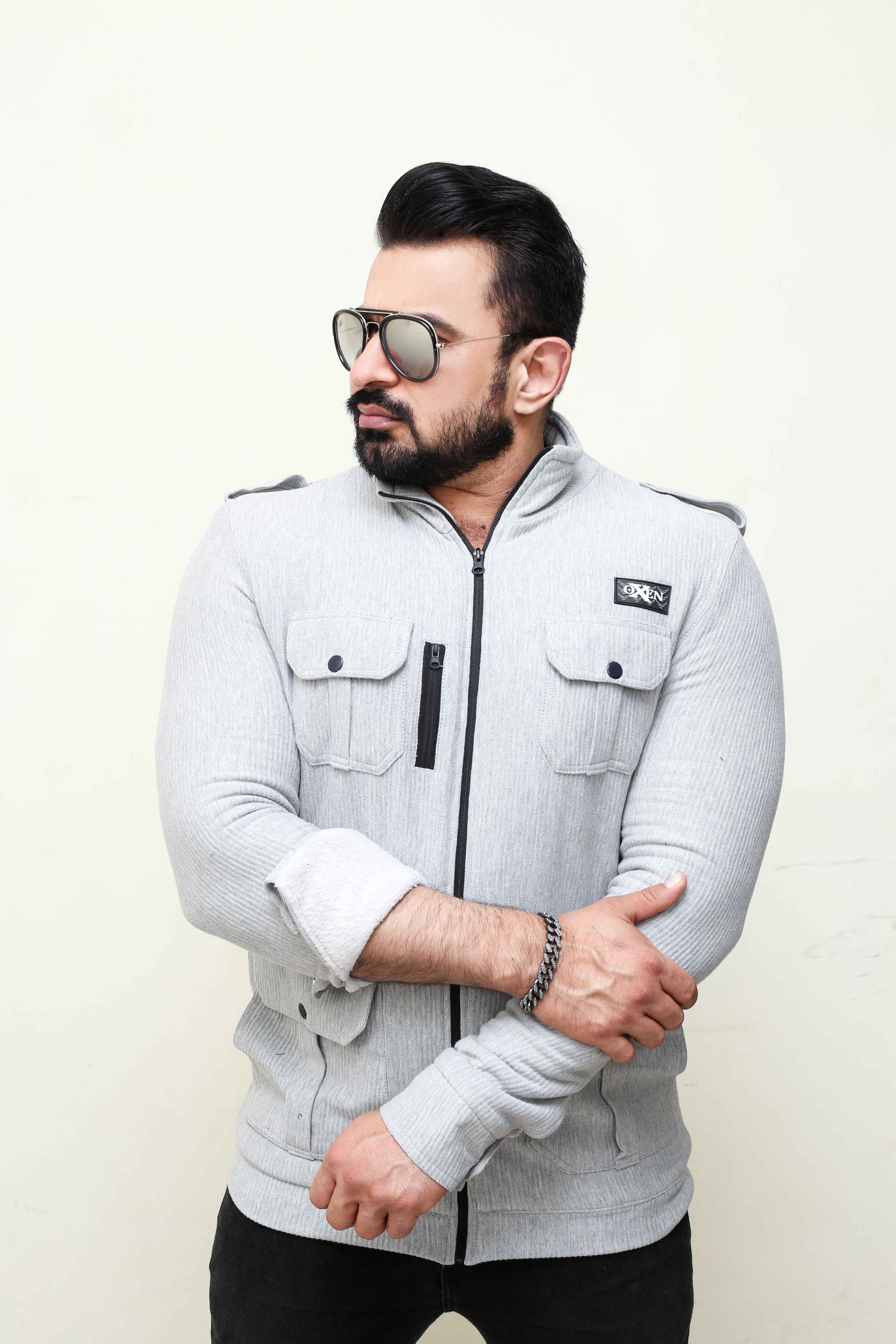 Premium Four Pocket Full Sleeve  striped Grey  Jacket #10 - Image 3